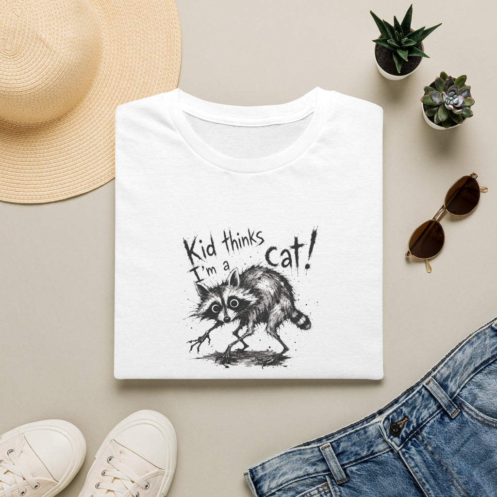 Kid Thinks I'm A Cat Funny Raccoon T-Shirt | Scared Trash Panda Tee | Weird Animal Humor Shirt | Raccoon Lover Gift | Soft Unisex Cotton Tee