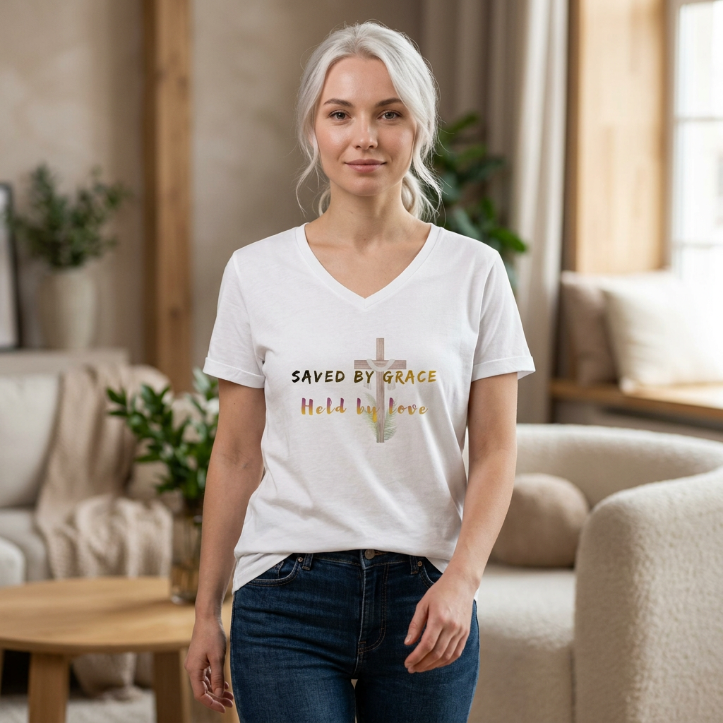 Saved by Grace Held by Love Christian T-Shirt | Faith-Based V-Neck Tee | Lutheran Grace Gift