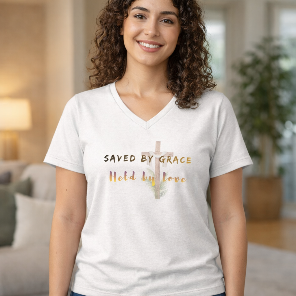 Saved by Grace Held by Love Christian T-Shirt | Faith-Based V-Neck Tee | Lutheran Grace Gift