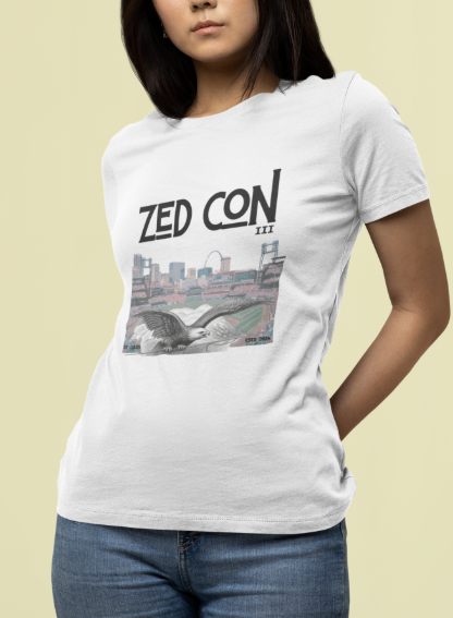 Zed Con Cityscape V-Neck Tee — Retro Seagull & Skyline Graphic Shirt