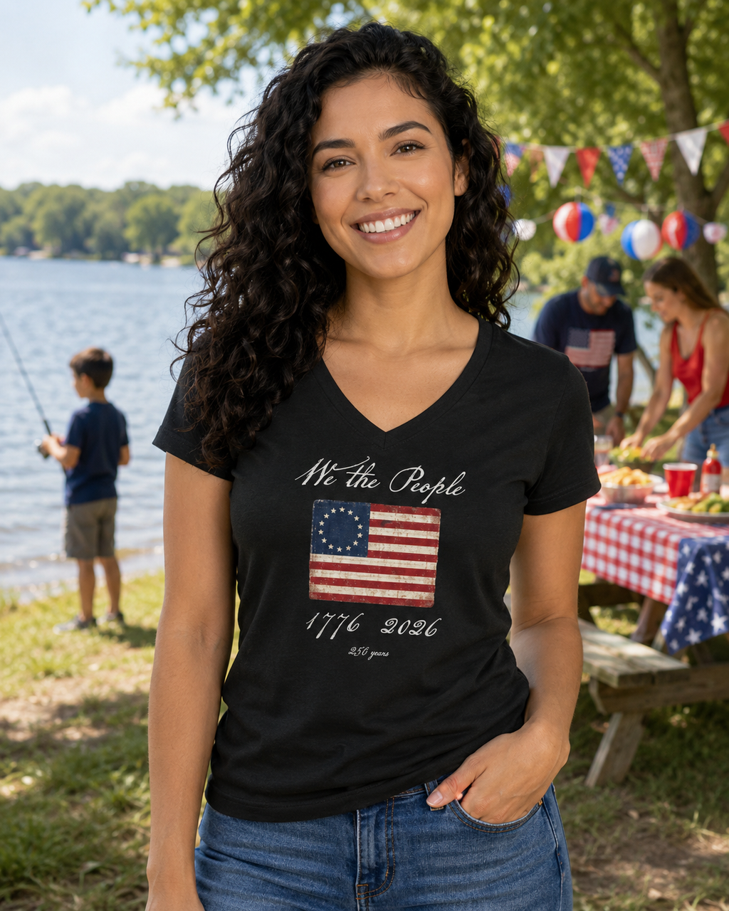 Vintage Betsy Ross Flag V-Neck Tee — WOMAN'S    "We the People" 1776–2026 Patriotic T‑Shirt
