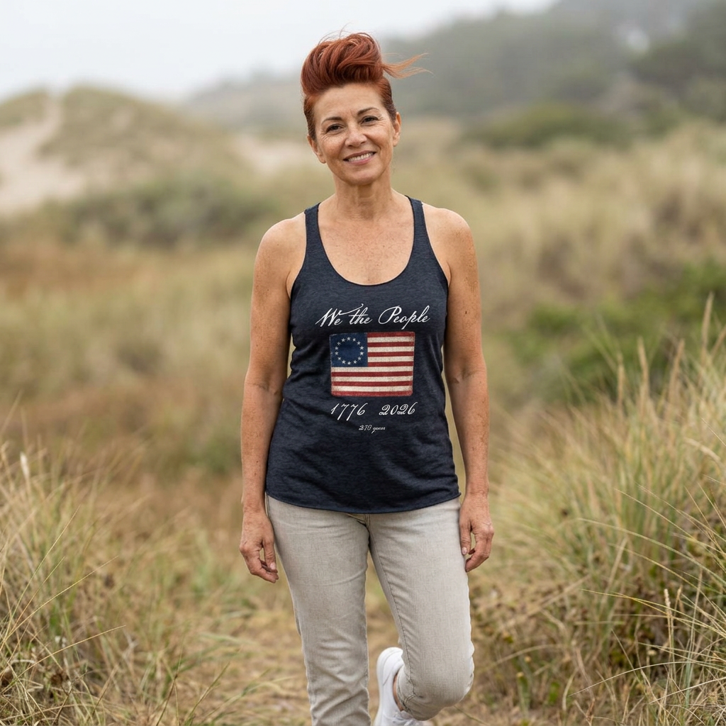 We the People Betsy Ross Flag Tank Top — Women's Patriotic Racerback for 4th of July