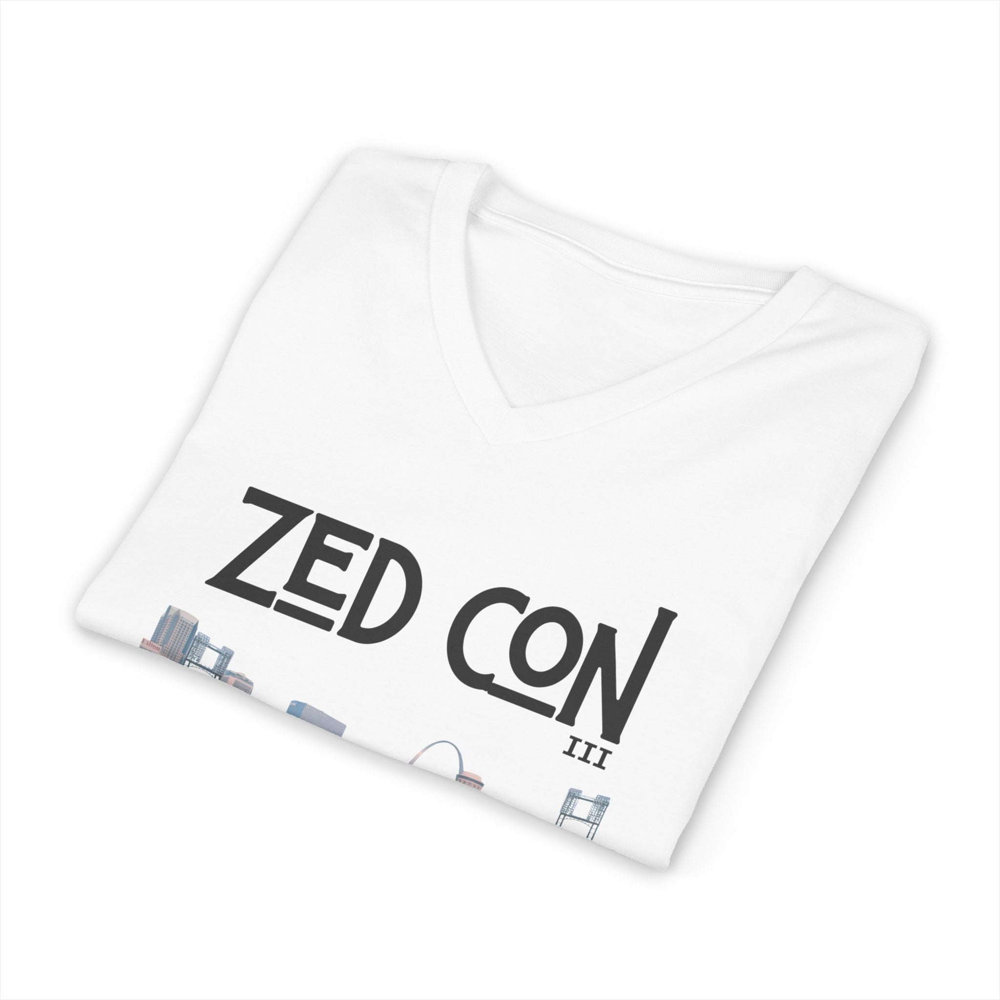 Zed Con Cityscape V-Neck Tee — Retro Seagull & Skyline Graphic Shirt