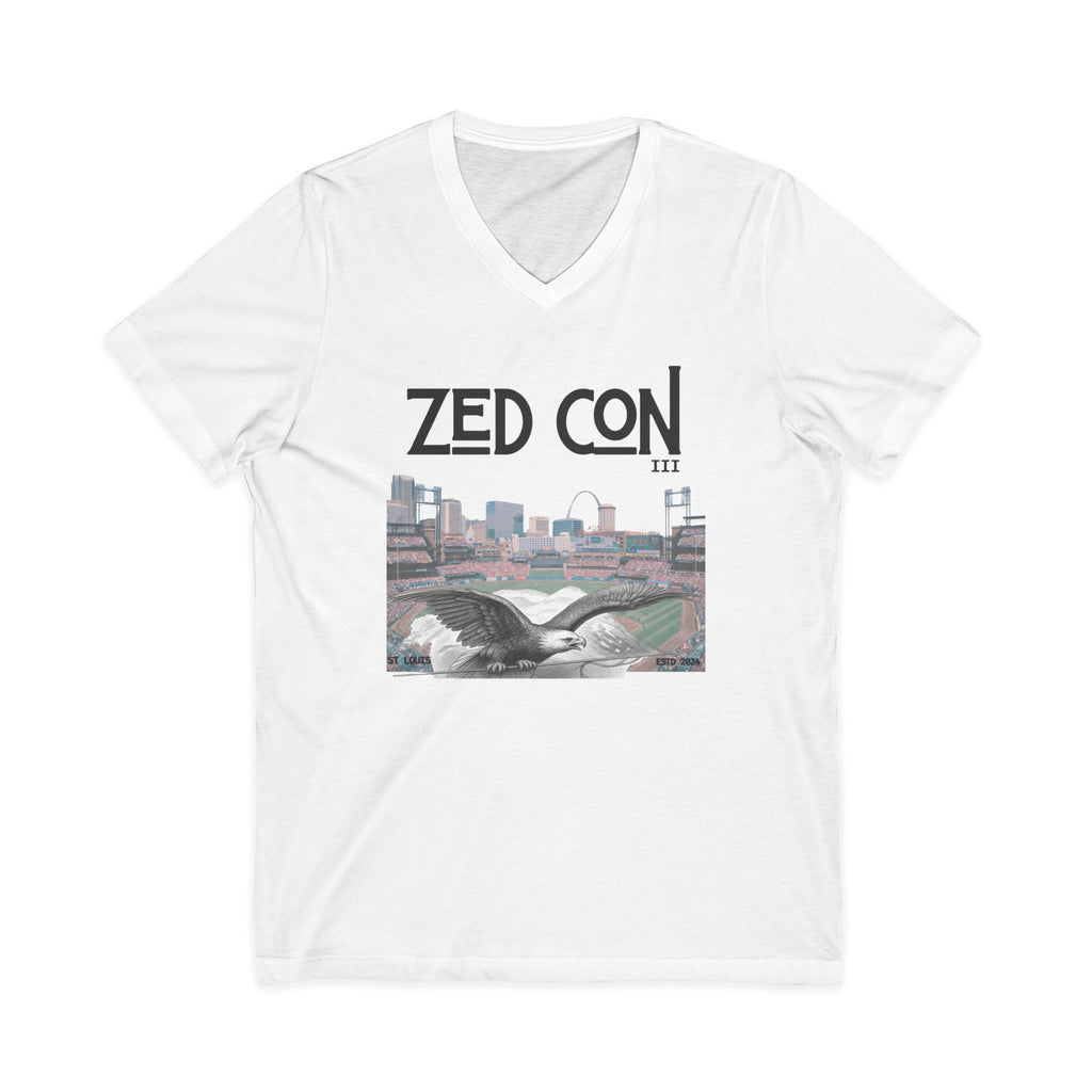 Zed Con Cityscape V-Neck Tee — Retro Seagull & Skyline Graphic Shirt