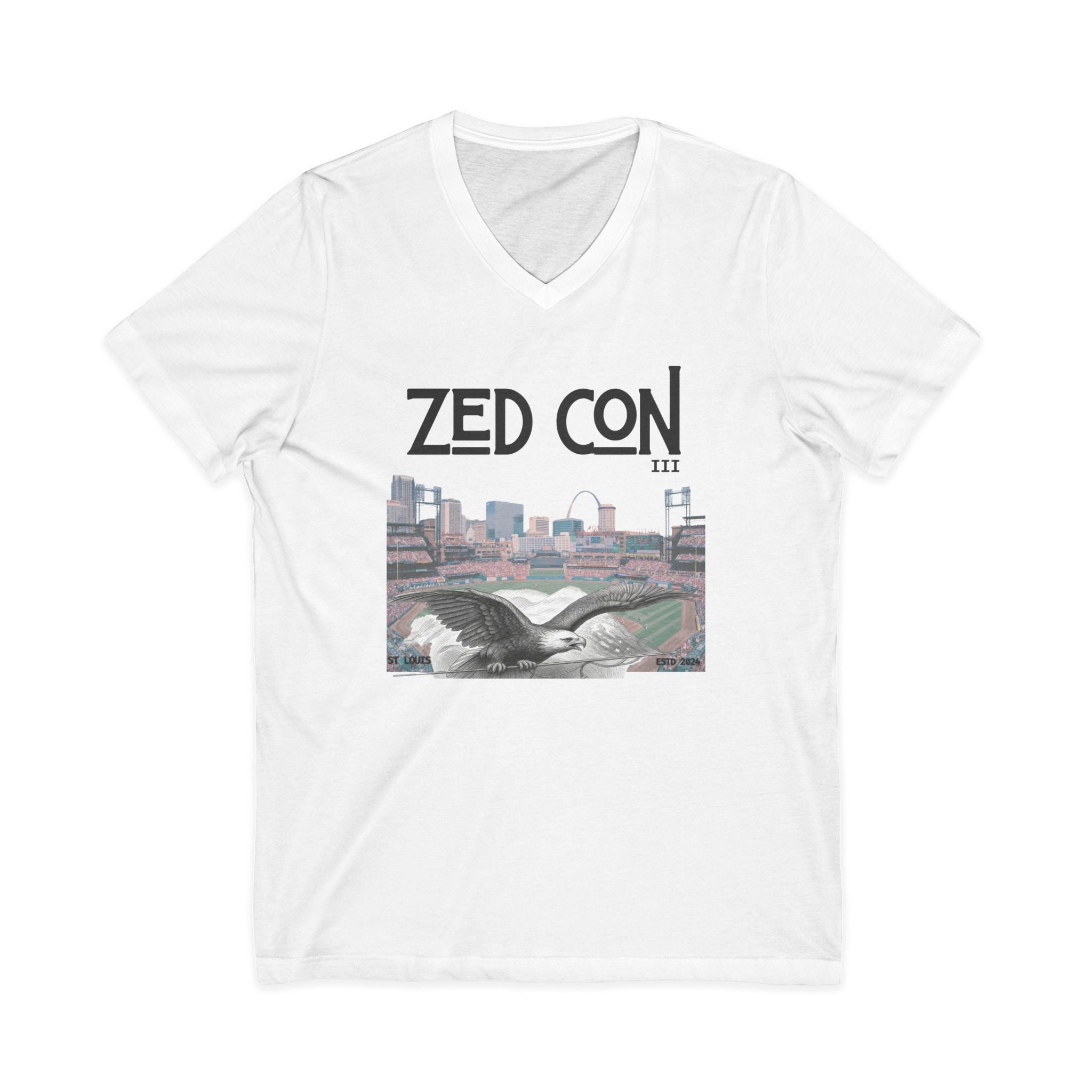 Zed Con Cityscape V-Neck Tee — Retro Seagull & Skyline Graphic Shirt