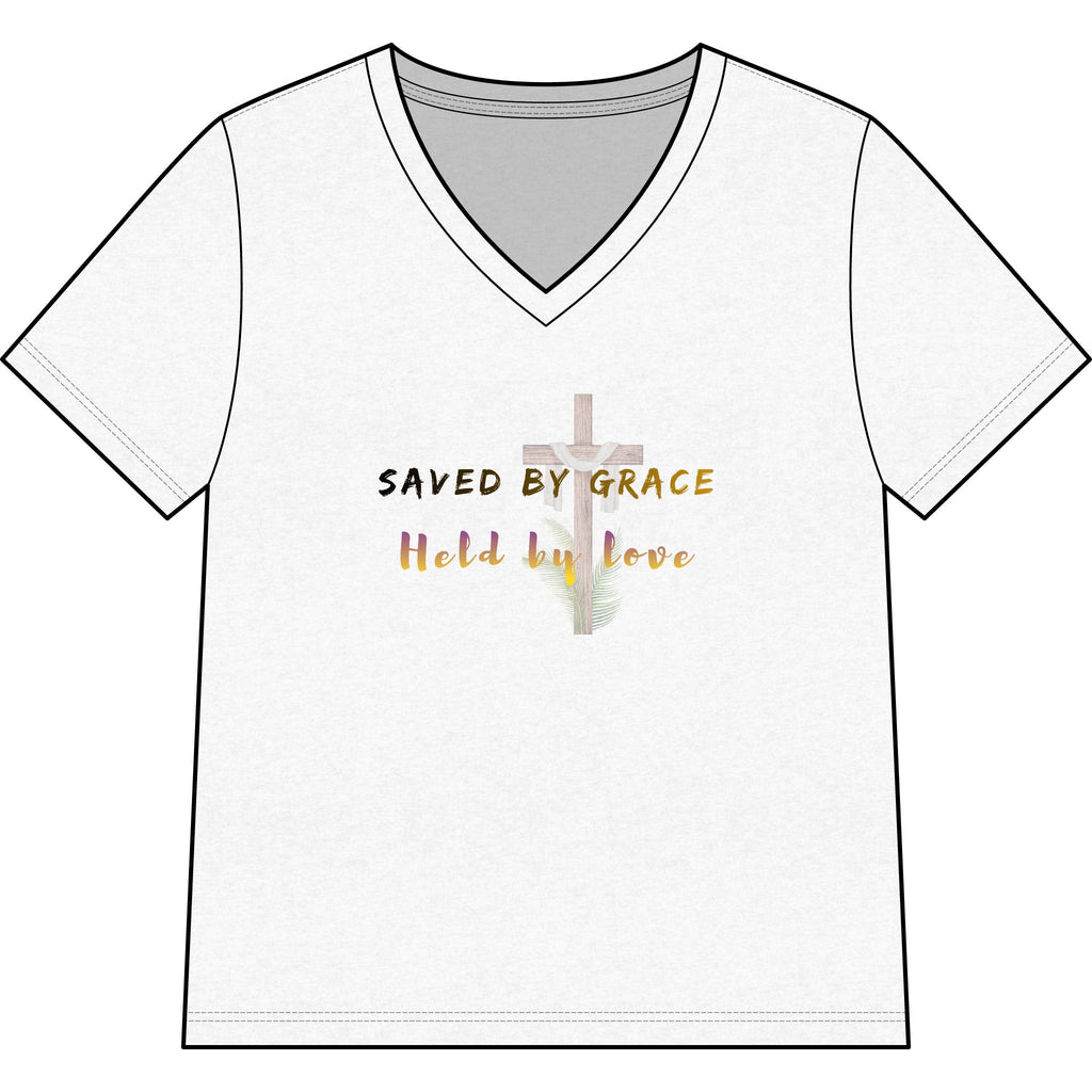 Saved by Grace Held by Love Christian T-Shirt | Faith-Based V-Neck Tee | Lutheran Grace Gift