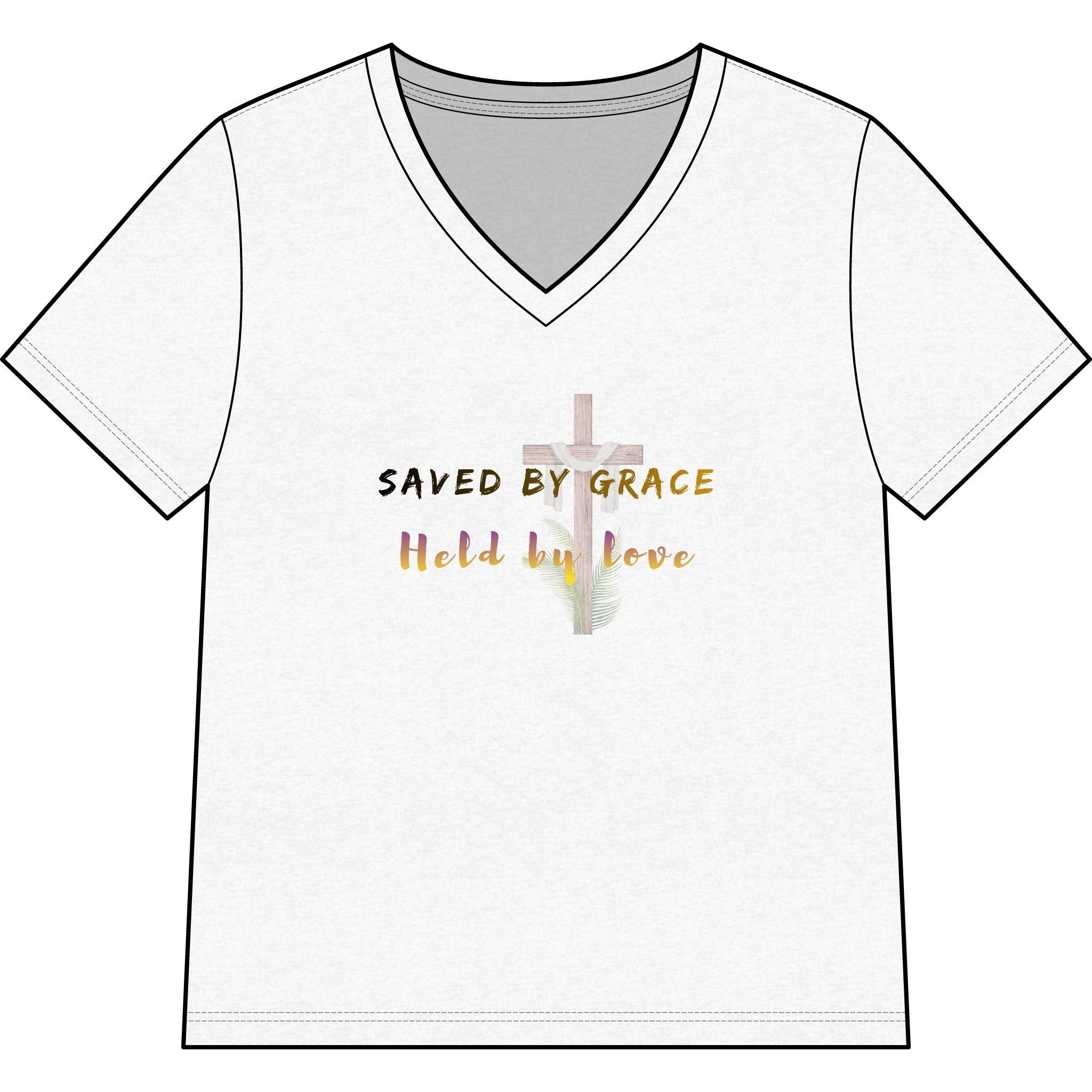 Saved by Grace Held by Love Christian T-Shirt | Faith-Based V-Neck Tee | Lutheran Grace Gift