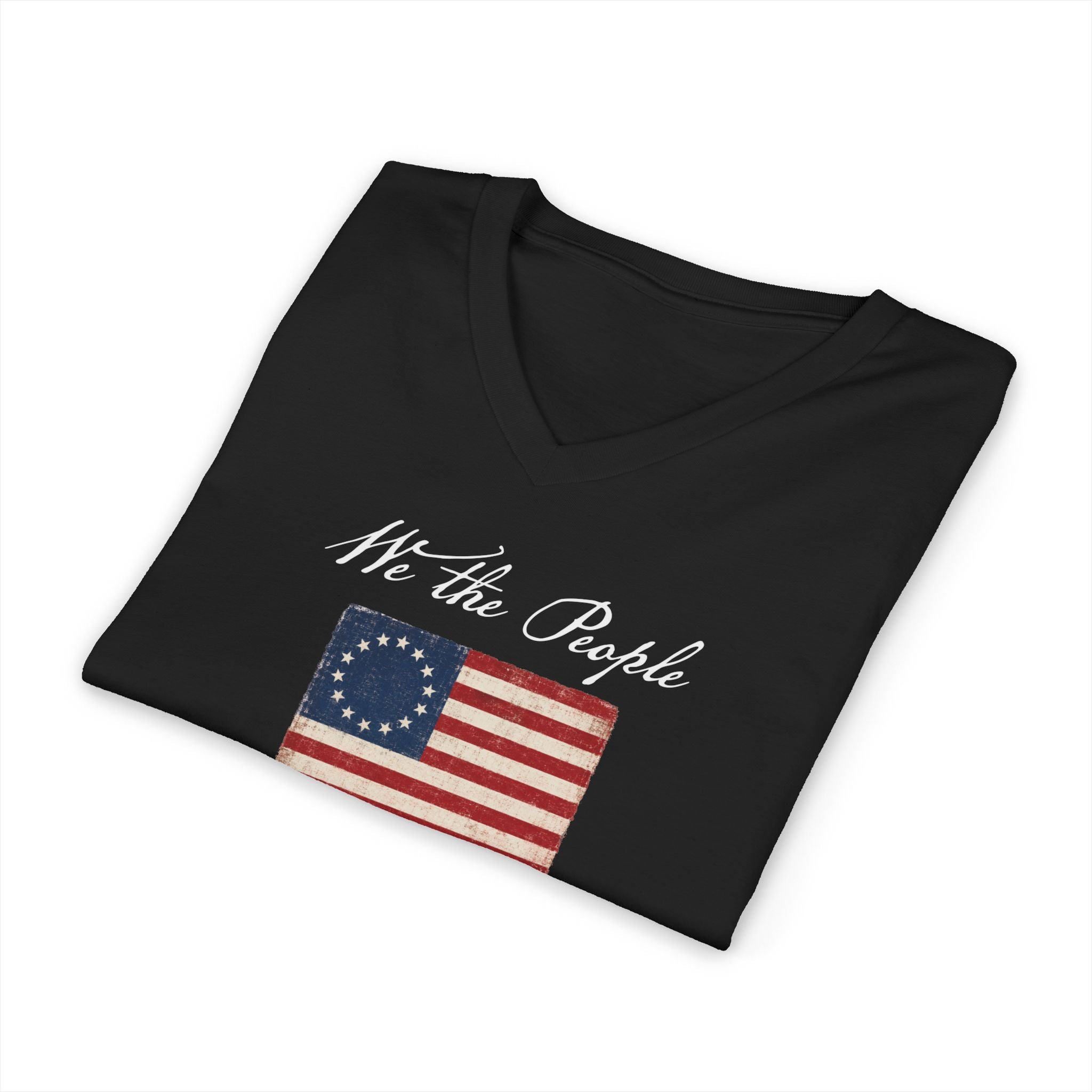Vintage Betsy Ross Flag V-Neck Tee — WOMAN'S    "We the People" 1776–2026 Patriotic T‑Shirt